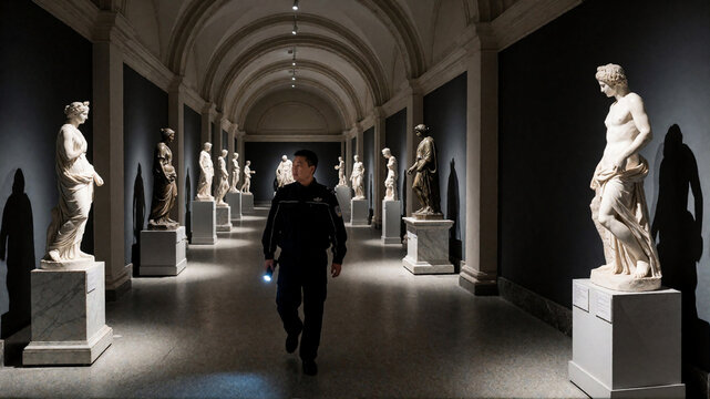 Security guard patrolling a classical museum gallery with ancient marble statues