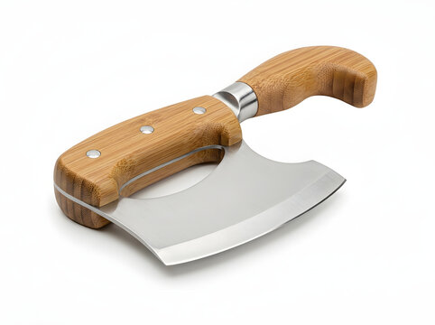 Wooden handle mezzaluna knife kitchen cutter tool with mezzaluna culinary preparation restaurant equipment appliance hardware stainless isolated background industrial