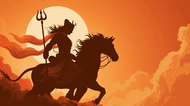 Kalki avatar riding a majestic horse at sunset holding a weapon in a dramatic silhouette graphic design.