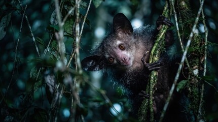 Naklejka premium Aye-aye primate with large ears peeking through lush green jungle foliage