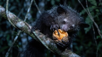 Naklejka premium Aye-aye primate with large ears eats fruit while perched on a tree branch
