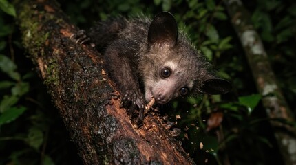 Naklejka premium Aye-aye primate foraging for insects on a mossy tree branch at night