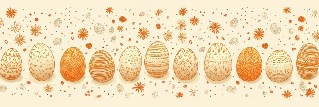 row of hand-drawn decorated orange and beige eggs with varied patterns surrounded by confetti, hearts and floral bursts, cheerful playful festive horizontal banner