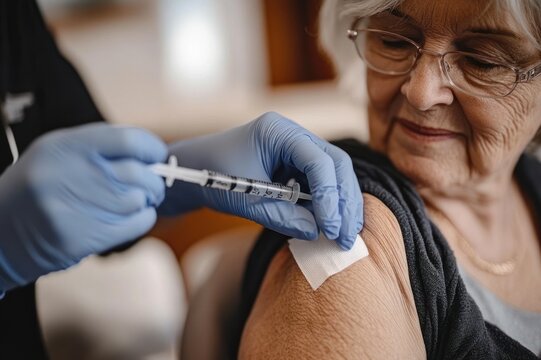 Gloved healthcare professional administering an injection to an older person's upper arm with a gauze pad, a calm caring medical moment