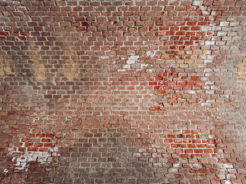 Old red brick vault texture background. Curved weathered brickwork wall with mortar and efflorescence close up.