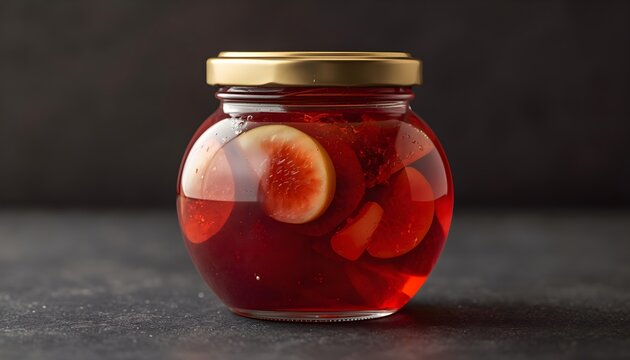 Clear glass jar of vibrant red homemade fruit preserve with citrus slices on dark background