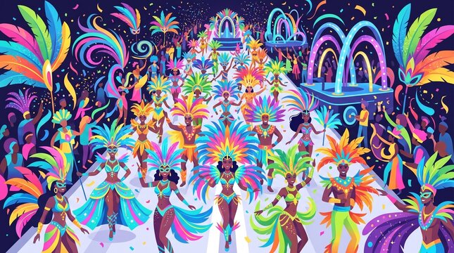 Vibrant Carnival Parade Vector Illustration with Colorful Feathered Da