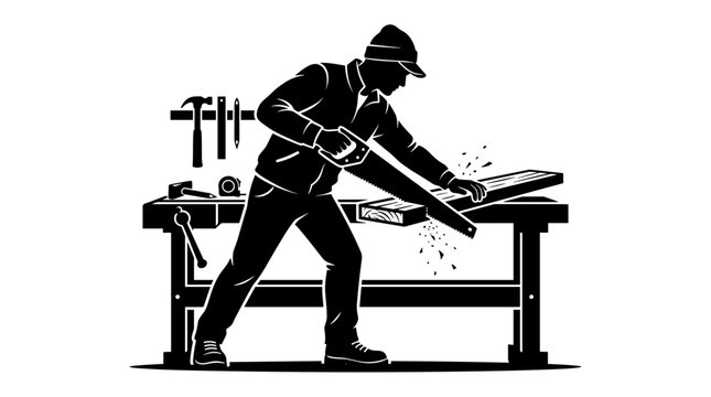 Carpenter sawing wood on workbench with tools