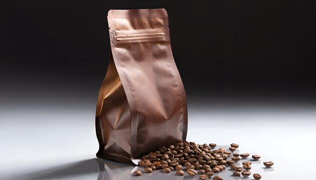 Hand pouring premium roasted coffee beans from kraft paper bag onto white surface