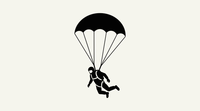 Black silhouette of a skydiver descending with a parachute against a light background