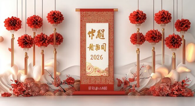 symmetrical festive red and gold display with hanging red pompom flowers and tassels, central vertical red scroll with calligraphy and 2025, blossom branches, warm lights, auspicious celebratory mood