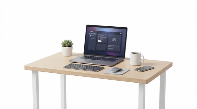 Modern minimalist workspace desk setup with a laptop, keyboard, mouse, coffee mug, and a potted plant on a white background