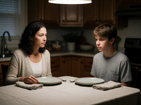 Mother and son having tense conversation at empty dinner table