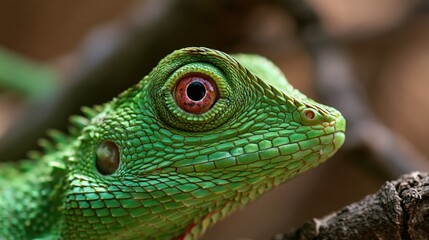 Fototapeta premium Chameleon head showcasing intricate green scales and a unique eye focusing sharply on the surrounding environment.
