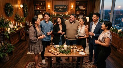 Fototapeta premium Diverse group celebrates achievement at a festive awards ceremony indoors