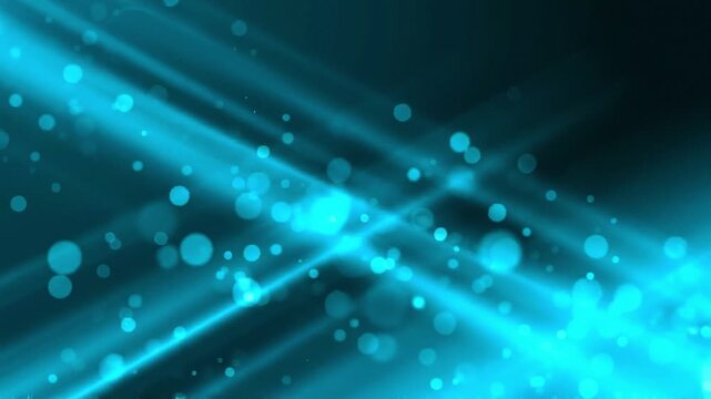 Abstract blue motion background featuring diagonal light beams and glowing bokeh particles shimmering in space.
