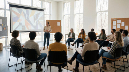 Obraz premium Diverse group of people attending a workshop or seminar in a bright modern room with a presenter