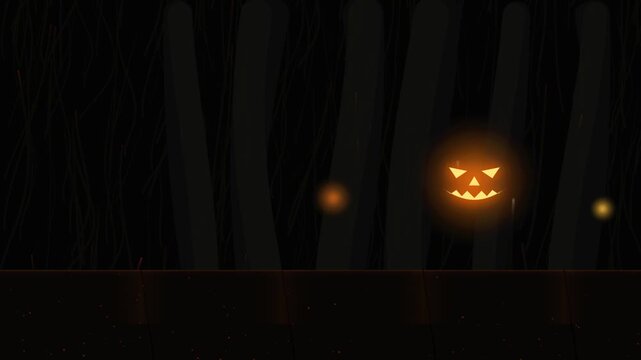 Glowing jack o lantern hovering within a dark mystical forest in this spooky animated motion video clip for halloween night