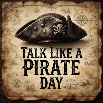 Talk like a pirate day poster with a vintage pirate hat on an old treasure map background