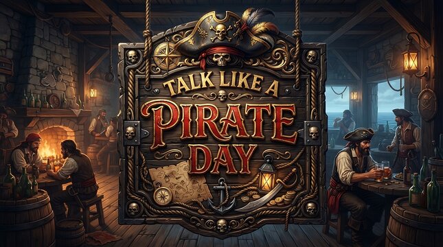 Talk like a pirate day wooden sign in a rustic tavern with pirates drinking at tables