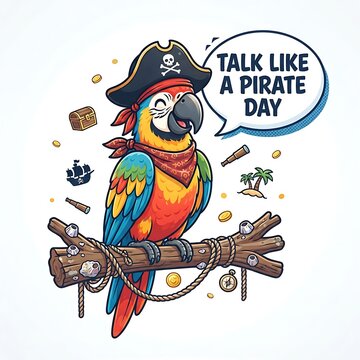 A colorful parrot dressed as a pirate with a hat and bandana, perched on a wooden branch with treasure items, isolated on white background