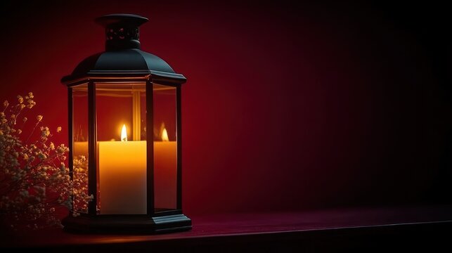 black metal lantern with two glowing pillar candles and delicate white flowers on deep red background evoking calm cozy contemplative mood