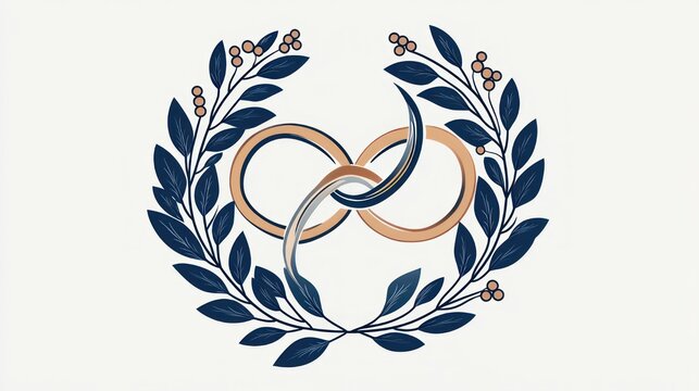 interlocking gold and silver wedding rings forming a heart surrounded by a navy laurel wreath with berries elegant romantic emblem