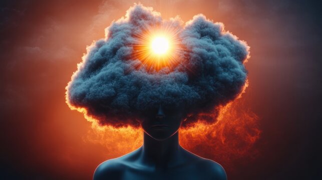 silhouetted bust with a dense cloud for a head pierced by a radiant sunburst, fiery orange backlight and moody surreal introspective atmosphere