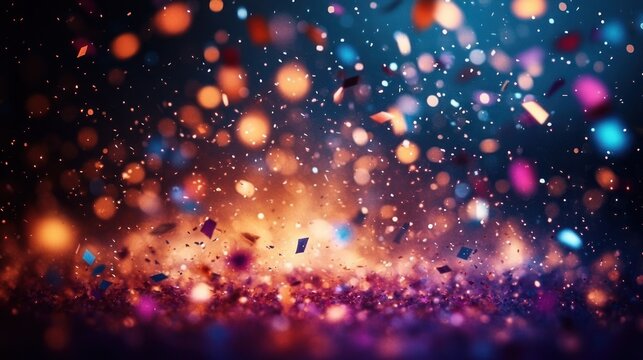 colorful confetti and glitter shower with glowing bokeh lights and shimmering particles against a dark background, evoking a festive and magical mood