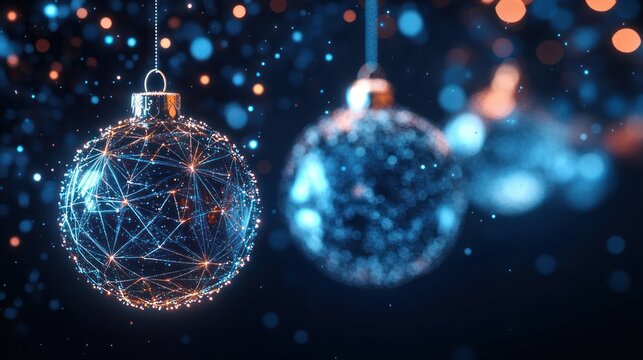 three hanging glowing wireframe baubles with interconnected nodes, sparkling particles and warm bokeh lights in a dark blue scene conveying a magical futuristic festive mood