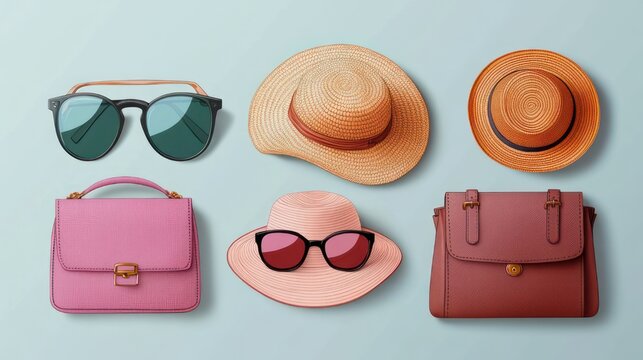 flat lay of three sun hats (straw, pink, orange), two sunglasses and two handbags on a pale blue background conveying chic summery vacation mood