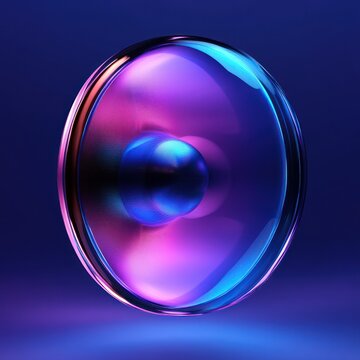 futuristic glossy translucent circular glass lens with inner concave dome and iridescent purple blue pink highlights on deep blue background, sleek vibrant serene mood