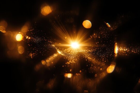 bright golden light burst with radiating rays, glittering particles and bokeh on a dark background conveying wonder and cosmic awe