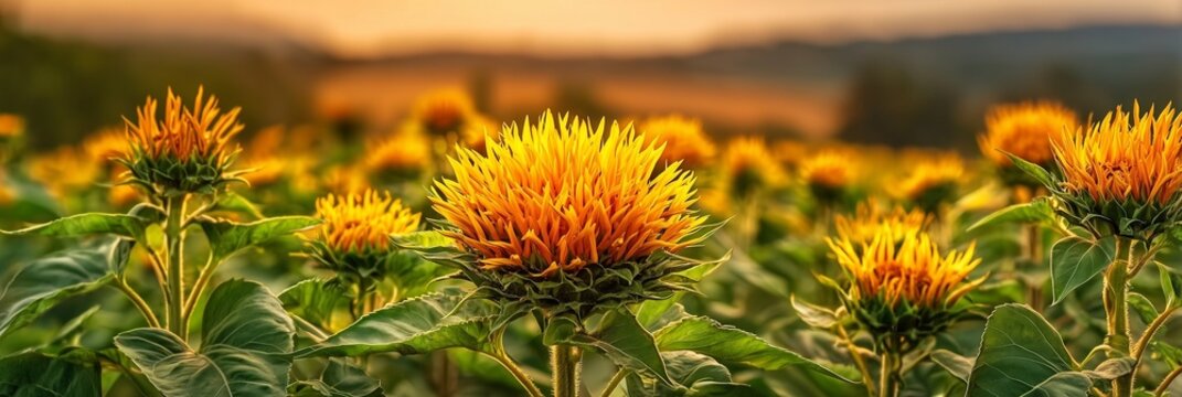 Golden Orange Safflower Blooms Across a Green Field at Sunset