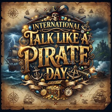 International talk like a pirate day celebratory poster featuring a treasure map background, a pirate skull, gold coins, a chest, and a sailing ship in a storm