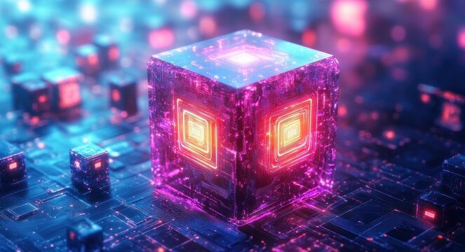 glowing translucent neon cube on a high-tech circuit board surrounded by smaller cubes and bokeh lights, futuristic vibrant and mysterious