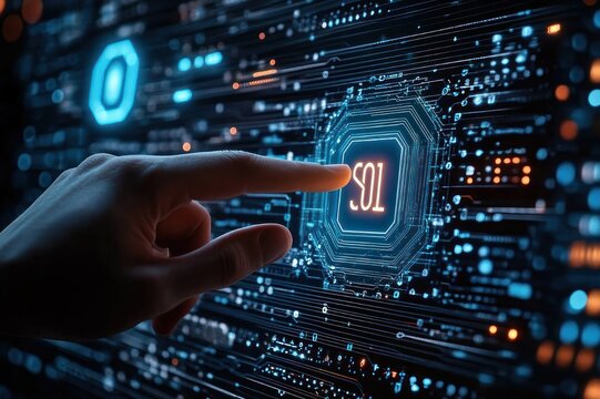 Hand touching a glowing 01 virtual microchip on a futuristic blue and orange circuit board interface, conveying focused control and curiosity