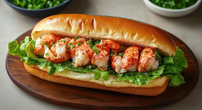 Buttery lobster roll on a toasted soft bun with chunky lobster meat, crisp lettuce and chives on a wooden board &mdash; fresh and indulgent