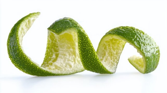 curled bright green lime peel spiral showing white pith on a clean white background, fresh and zesty