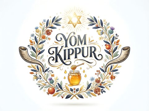Elegant yom kippur greeting card design with star of david, shofars, honey jar, and pomegranate floral wreath isolated on white background