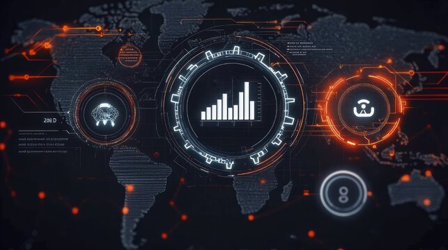 Futuristic global data network over dark world map with glowing circular interfaces, central bar chart, AI brain and user icons, linked nodes and neon orange-blue lines conveying dynamic analytics