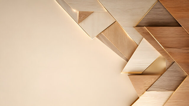 Minimalist luxury abstract background featuring layered geometric architectural shapes in warm beige, ivory, cream, and natural walnut brown tones. Angular folded panels form an elegant diagonal compo