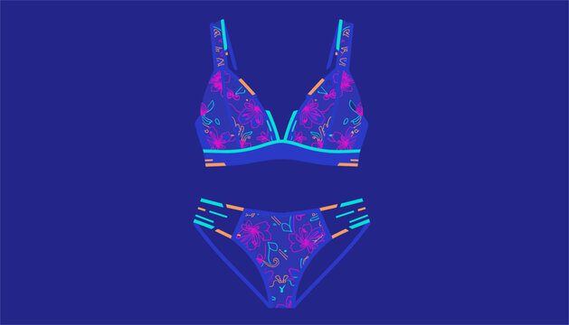 Stylish blue two-piece swimsuit decorated with vibrant pink and orange floral patterns against a dark blue background.