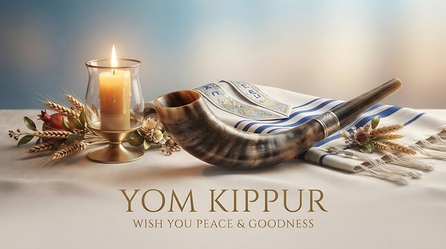 Yom kippur greeting card featuring a shofar, a lit memorial candle, and a tallit on a table, symbolizing jewish atonement and prayer
