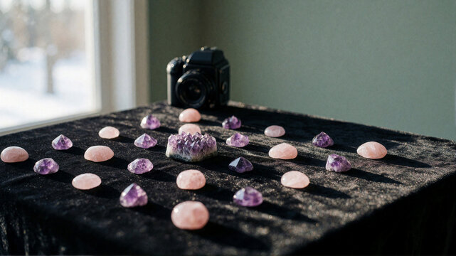 Amethyst and Rose Quartz crystals arranged on black velvet with vintage camera in background, winter sunlight