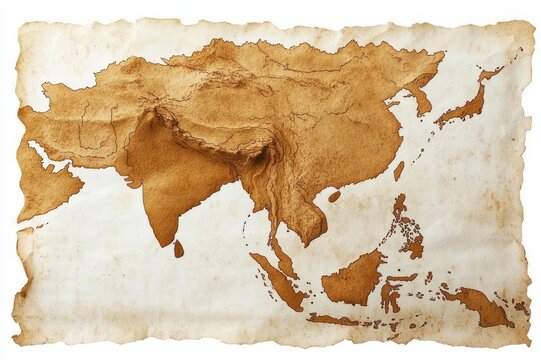 weathered sepia parchment map of asia showing raised mountain relief, islands and stained torn edges evoking nostalgic exploration