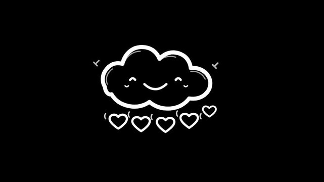 Happy smiling cloud animation dropping falling hearts in this minimalist white outline digital motion clip