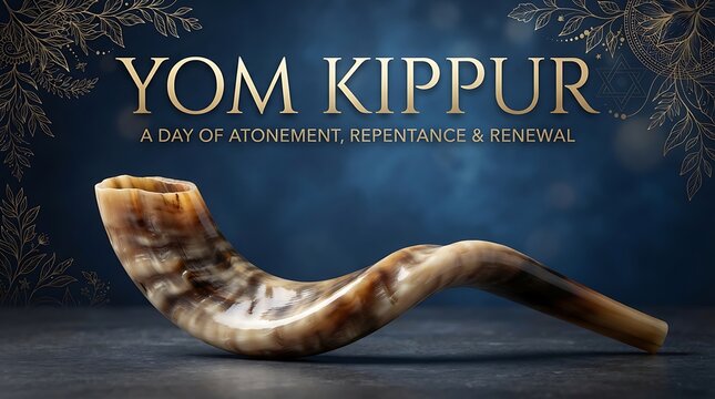 Yom kippur, a day of atonement, repentance, and renewal, featuring a traditional shofar horn on a dark, elegant background with decorative golden foliage