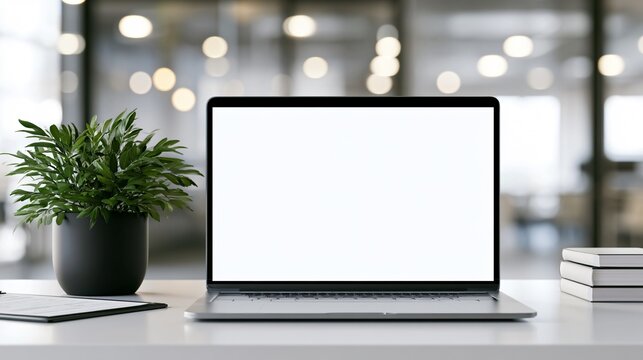 Laptop Mockup with Blank Screen on Desk in Modern Green Office
