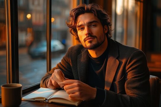 Person in a dark coat sitting by a window in a warm golden-hour cafe, contemplative expression, open notebook and coffee mug on the table, blurred city street outside